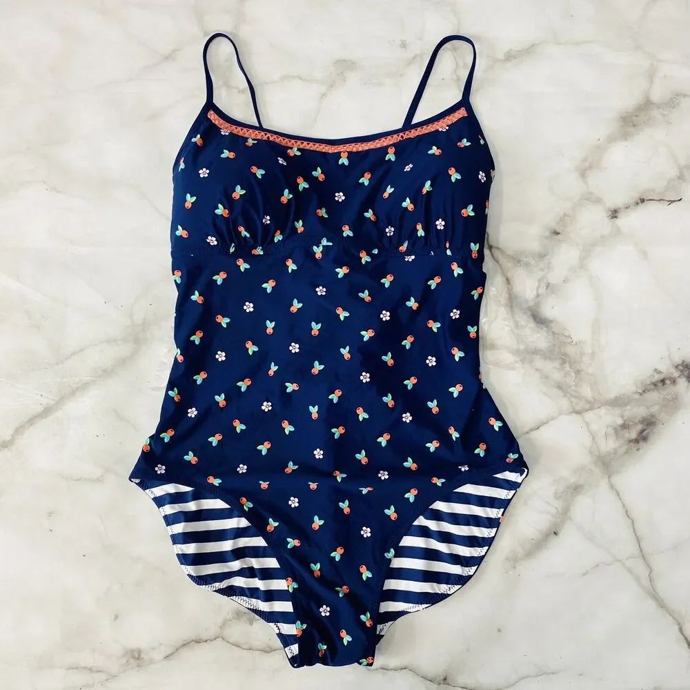 Vera Bradley Cabana Stripe So Sweet Whitney Reversible One Piece Swimsuit L Navy